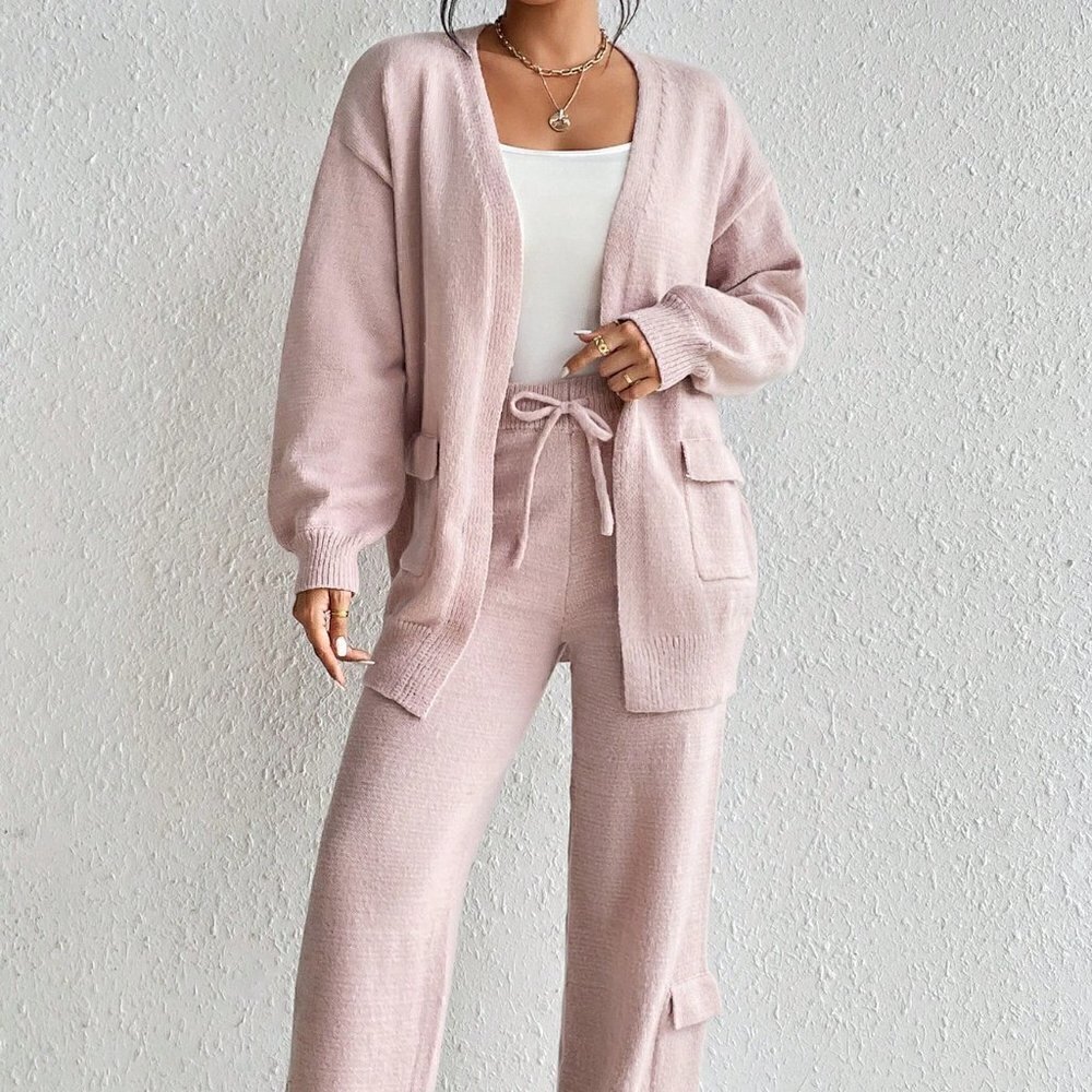 Pink Casual Womens Drop Shoulder Cardigan & Tie Front Knit Pants